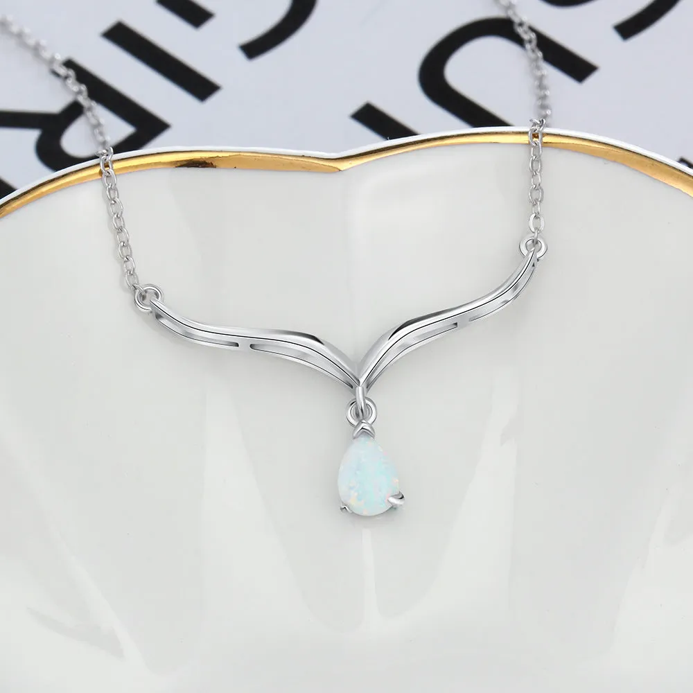 V Shape Pendant Pear Shape Opal Sterling Silver Necklace