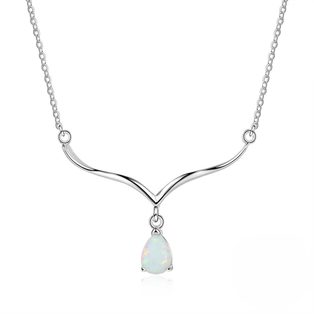 V Shape Pendant Pear Shape Opal Sterling Silver Necklace