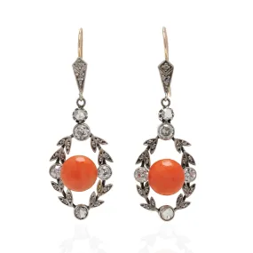 Victorian 14kt/Sterling Natural Coral   Diamond Foliate Dangle Earrings 2.75ctw
