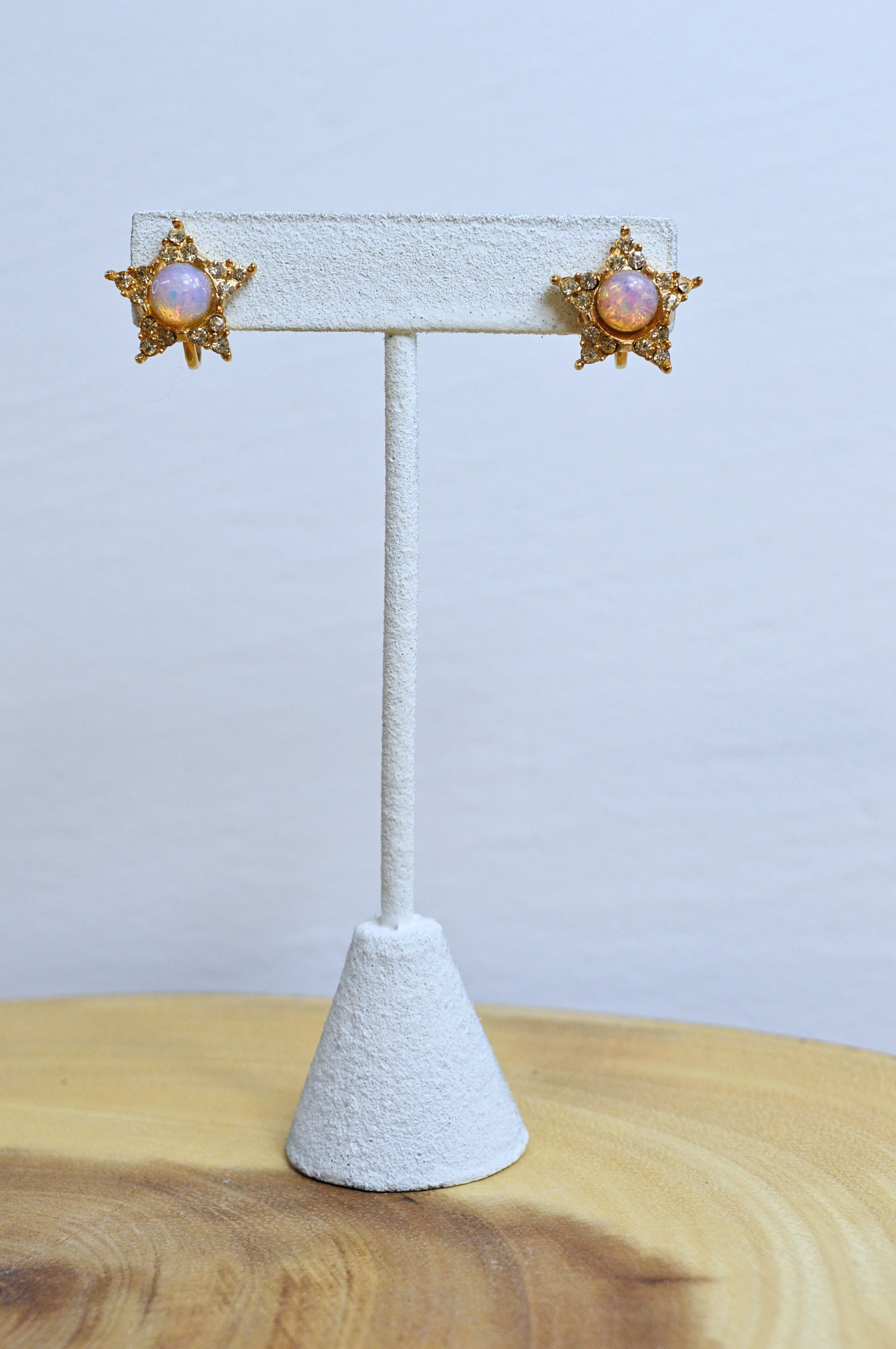 Vintage Aurora Opal Star Pendant Necklace and Screw Back Stud Earring Set with Rhinestone Detail | 1970s