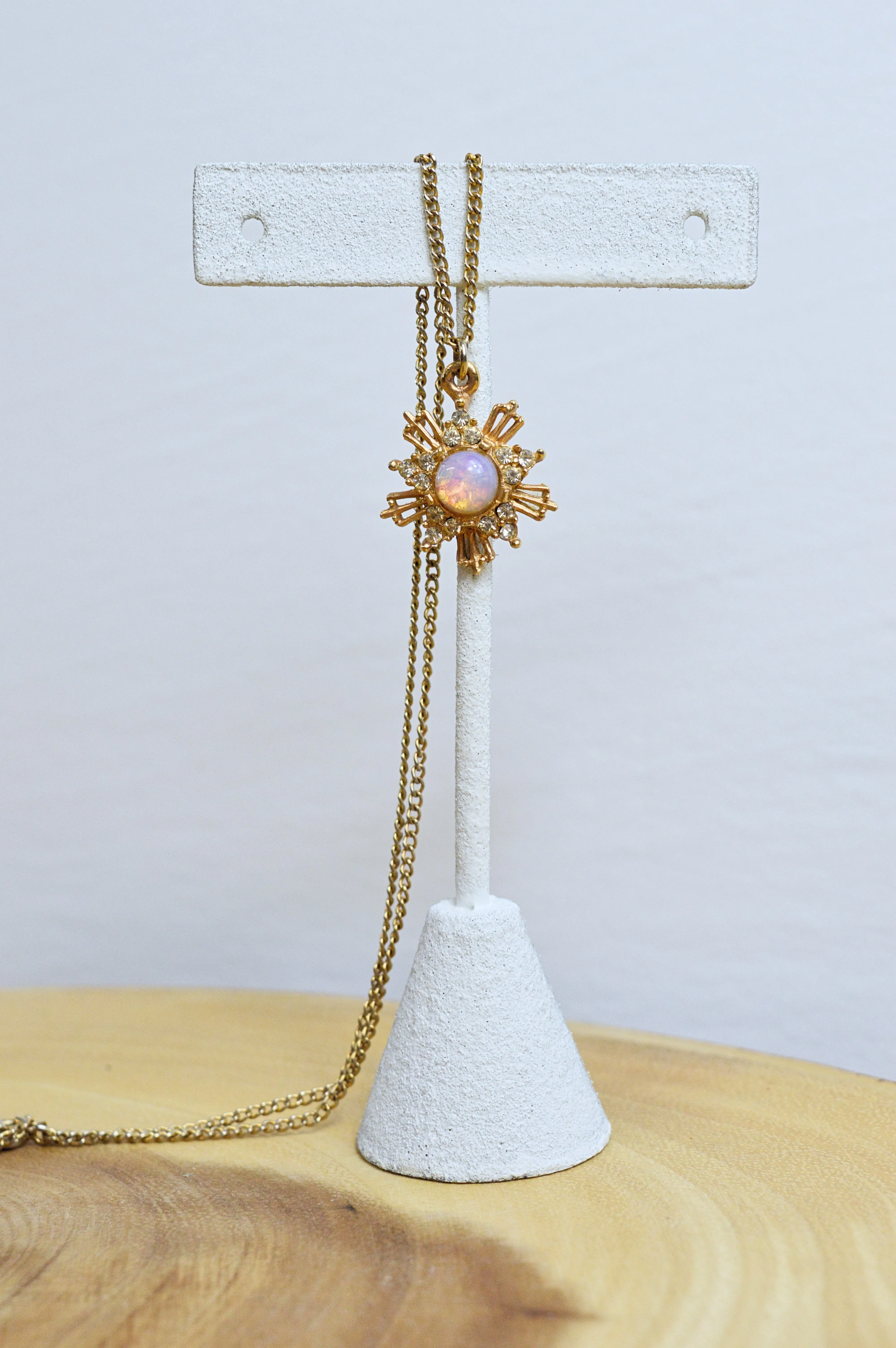 Vintage Aurora Opal Star Pendant Necklace and Screw Back Stud Earring Set with Rhinestone Detail | 1970s