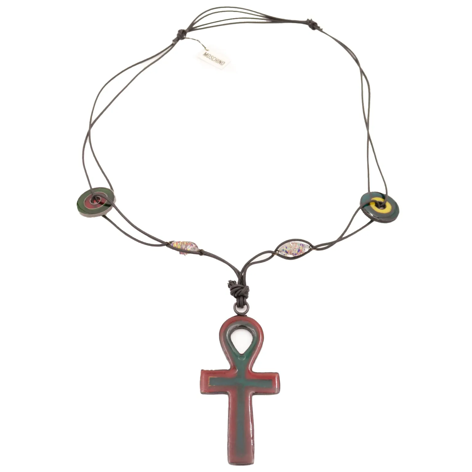 Vintage Deadstock Moschino Rare Ankh Cross Necklace on Leather
