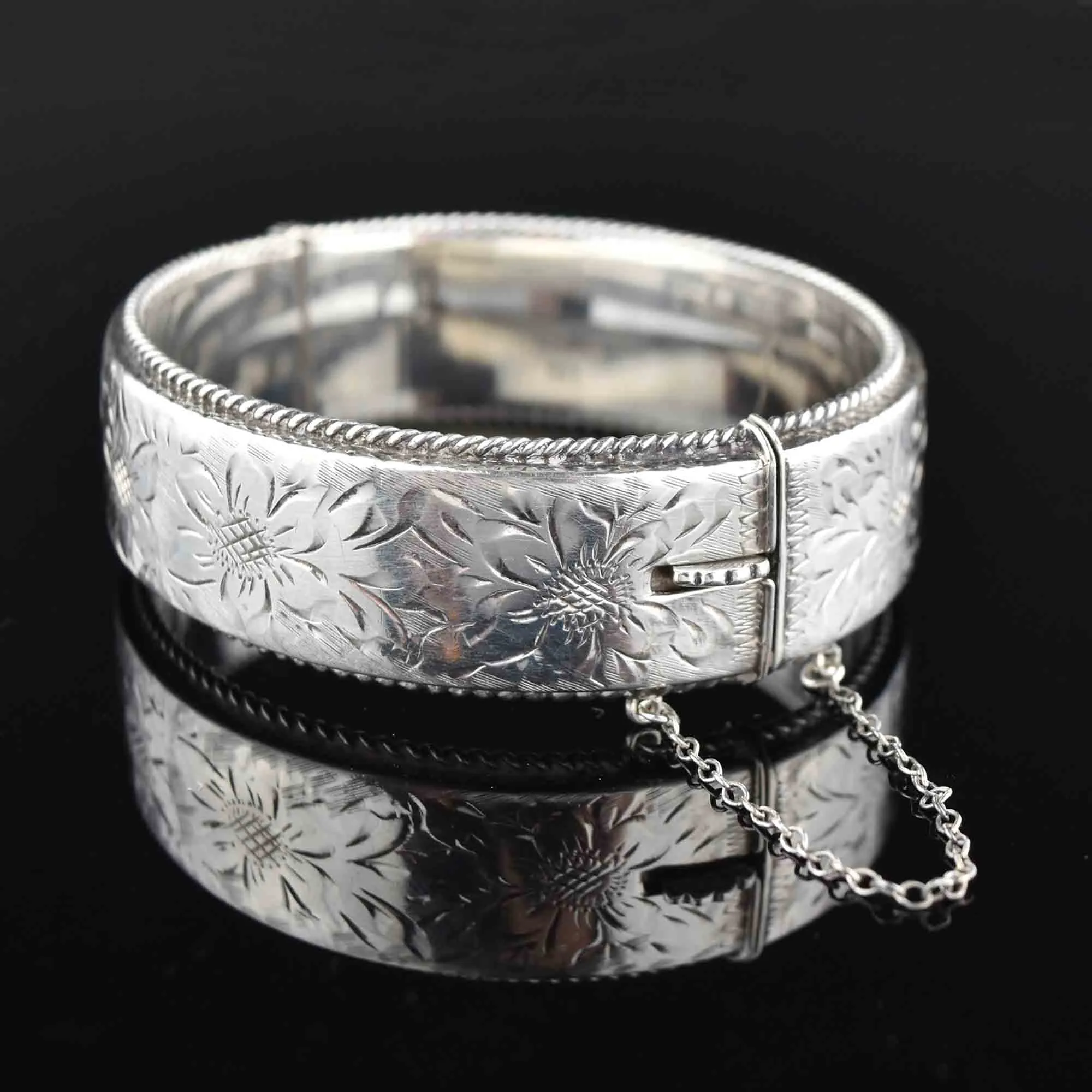 Vintage Floral Engraved Silver Bangle Bracelet