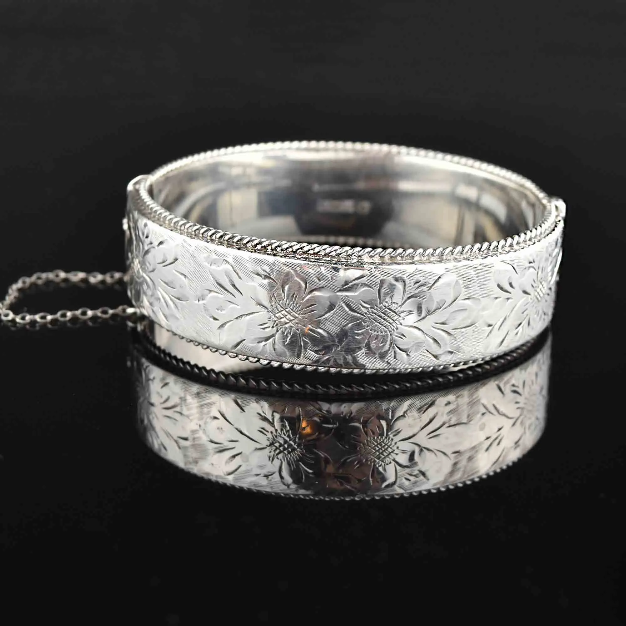Vintage Floral Engraved Silver Bangle Bracelet