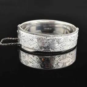 Vintage Floral Engraved Silver Bangle Bracelet