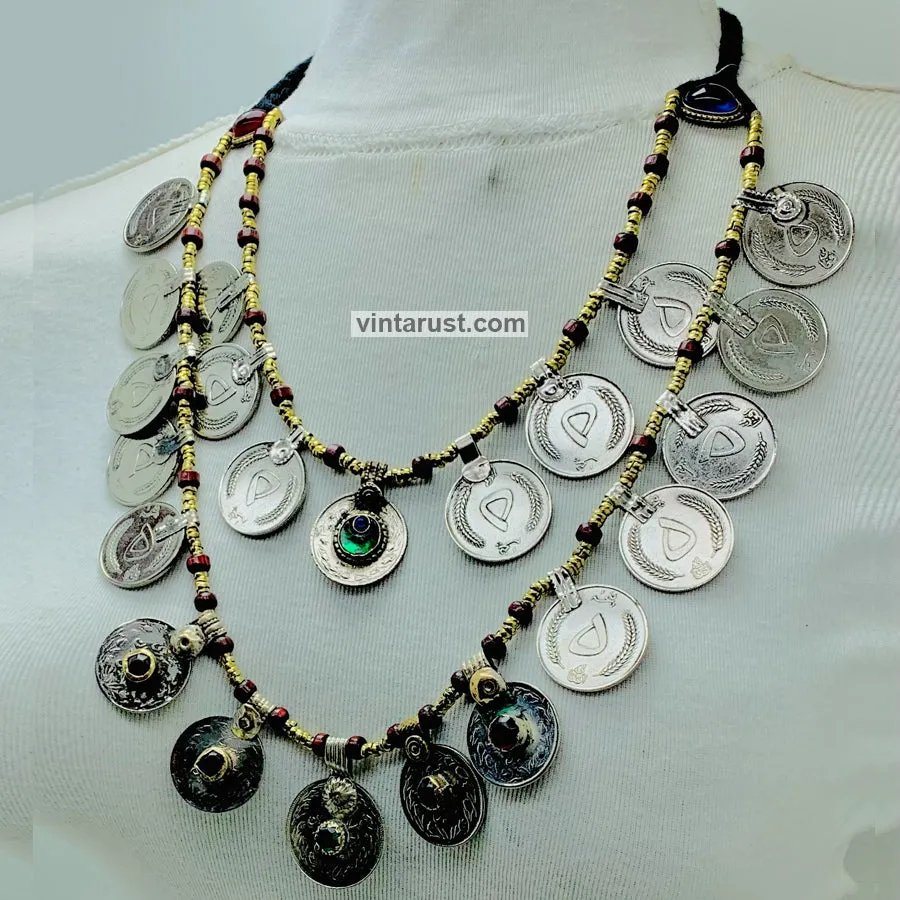 Vintage Multi-Strand Coins Necklace With Beaded Chain