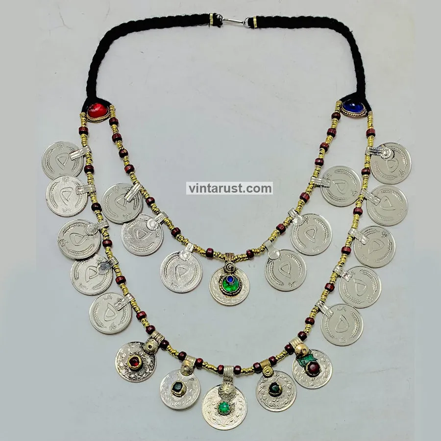 Vintage Multi-Strand Coins Necklace With Beaded Chain