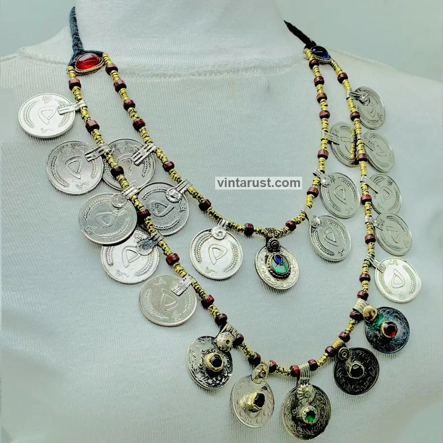 Vintage Multi-Strand Coins Necklace With Beaded Chain