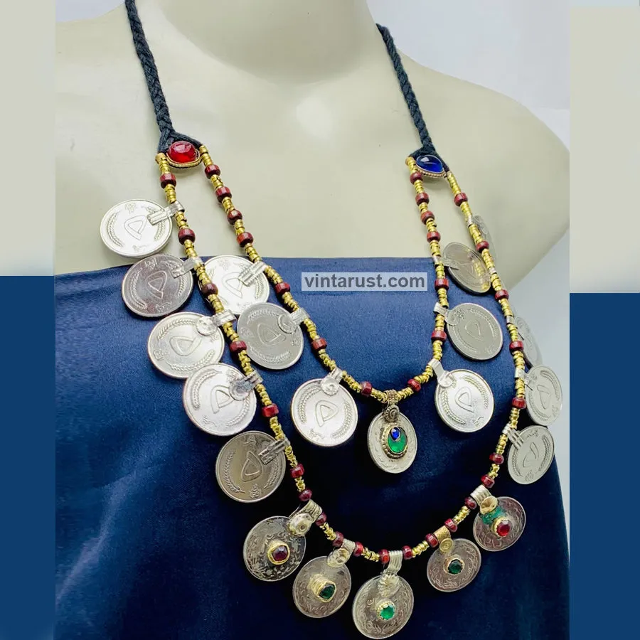 Vintage Multi-Strand Coins Necklace With Beaded Chain