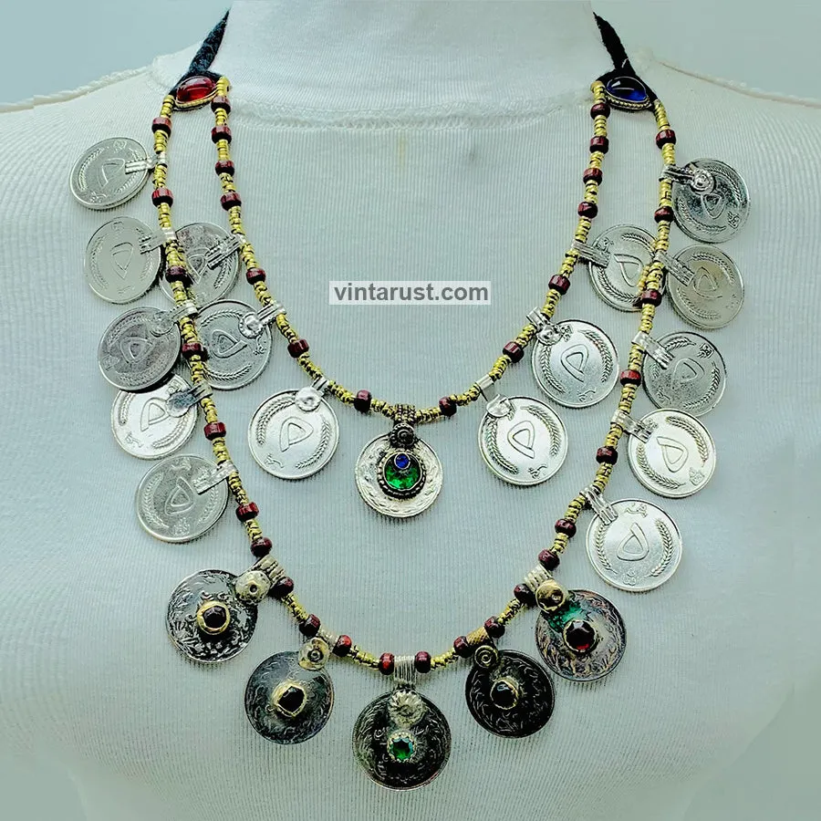 Vintage Multi-Strand Coins Necklace With Beaded Chain