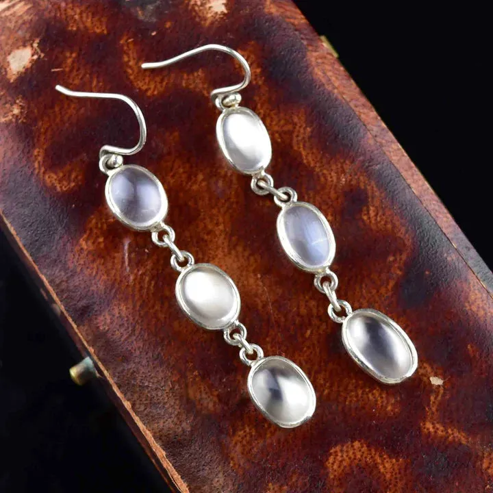 Vintage Rainbow Moonstone Long Drop 925 Sterling Silver Earrings
