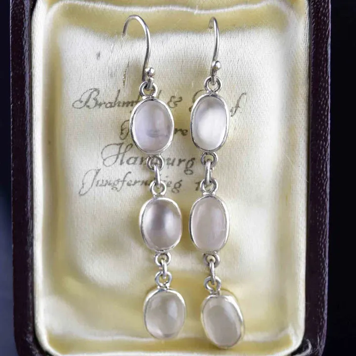 Vintage Rainbow Moonstone Long Drop 925 Sterling Silver Earrings