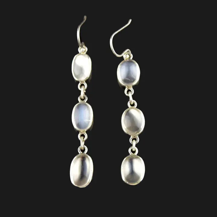 Vintage Rainbow Moonstone Long Drop 925 Sterling Silver Earrings