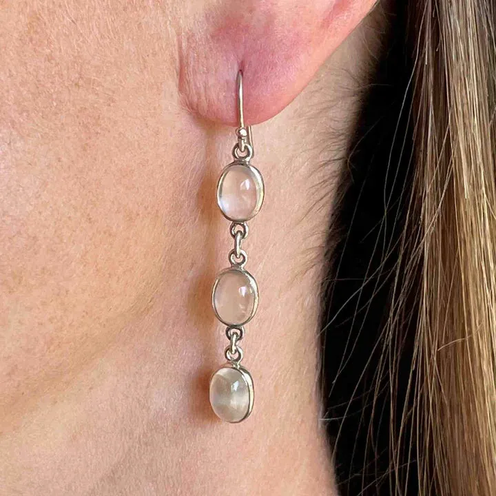 Vintage Rainbow Moonstone Long Drop 925 Sterling Silver Earrings