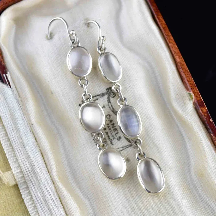 Vintage Rainbow Moonstone Long Drop 925 Sterling Silver Earrings