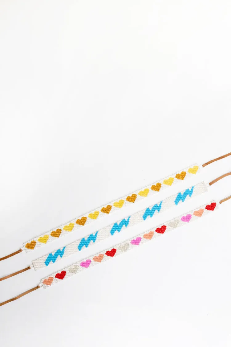 White Beaded Hat Band with Pink Hearts