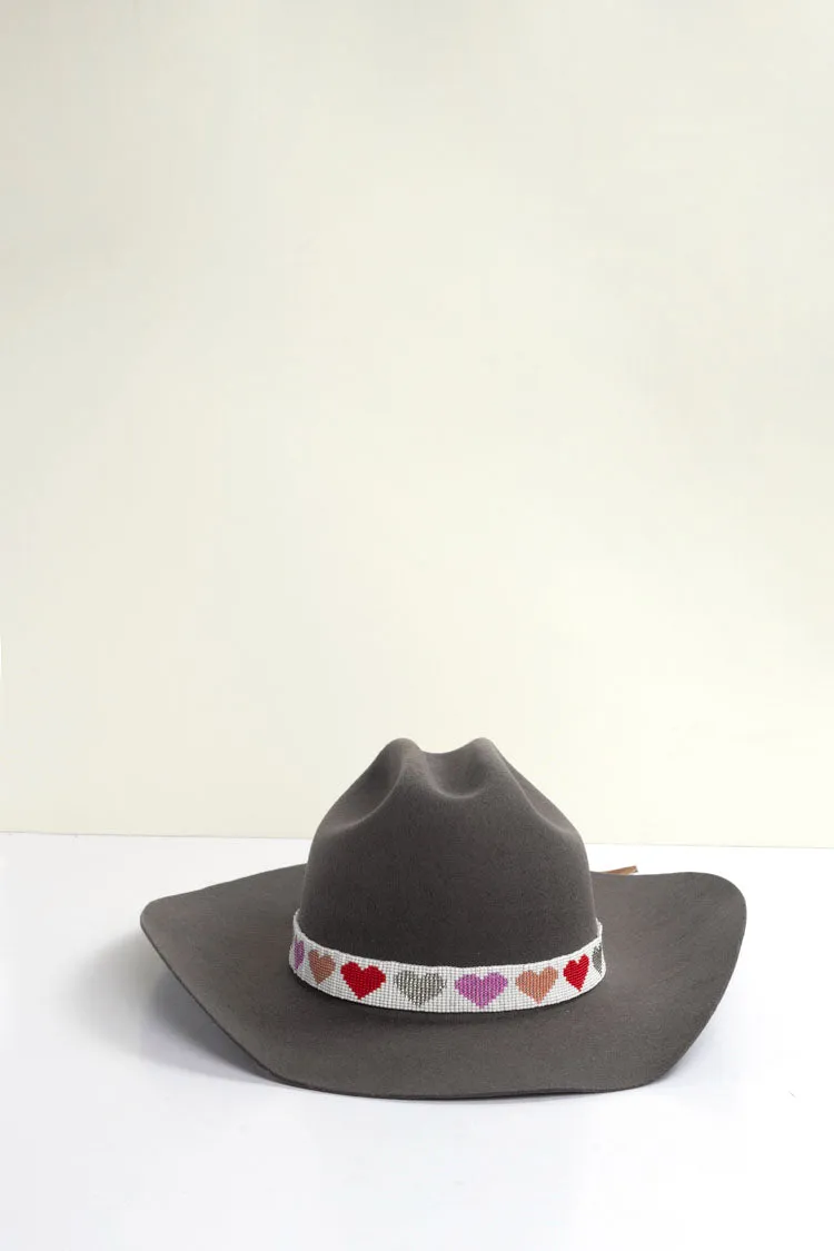 White Beaded Hat Band with Pink Hearts