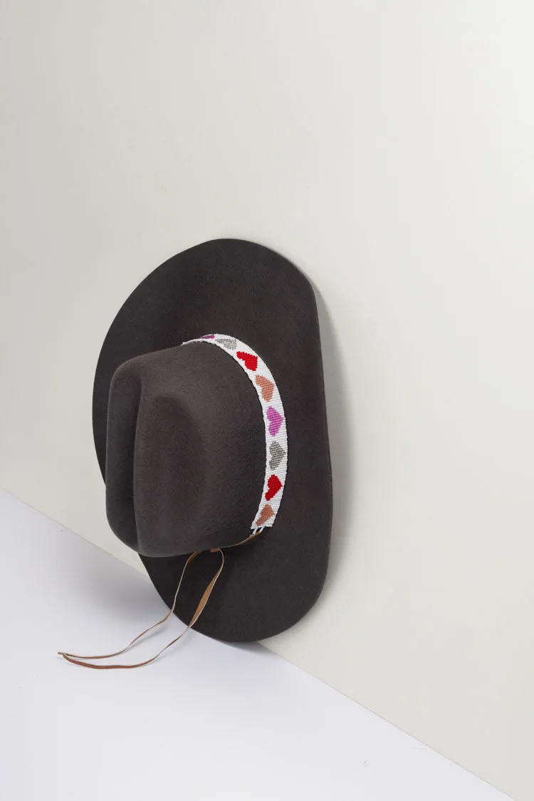 White Beaded Hat Band with Pink Hearts