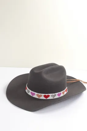 White Beaded Hat Band with Pink Hearts