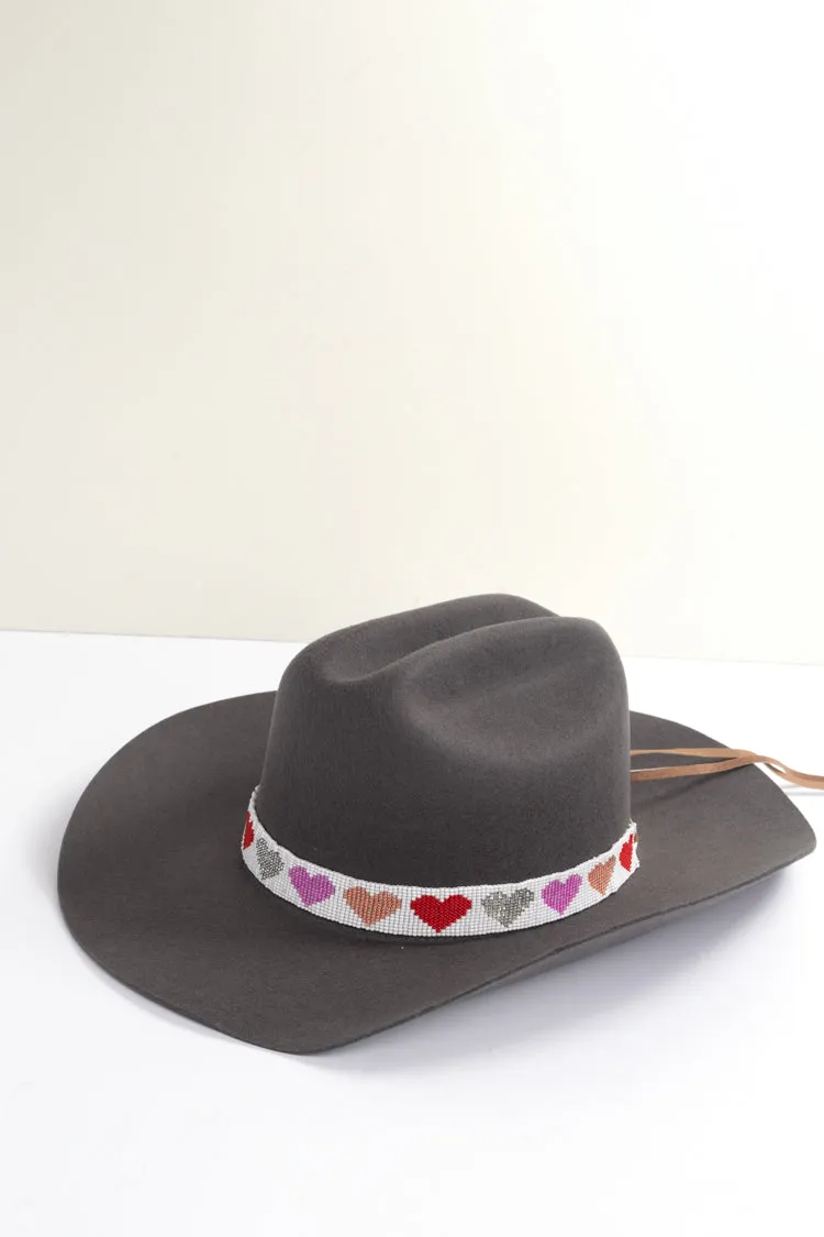 White Beaded Hat Band with Pink Hearts