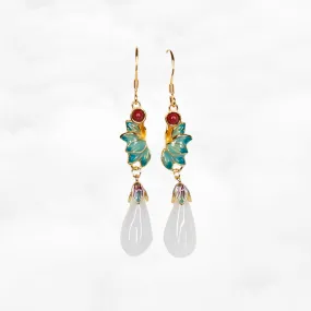 White Jade and Enamel Lotus Flower Earrings