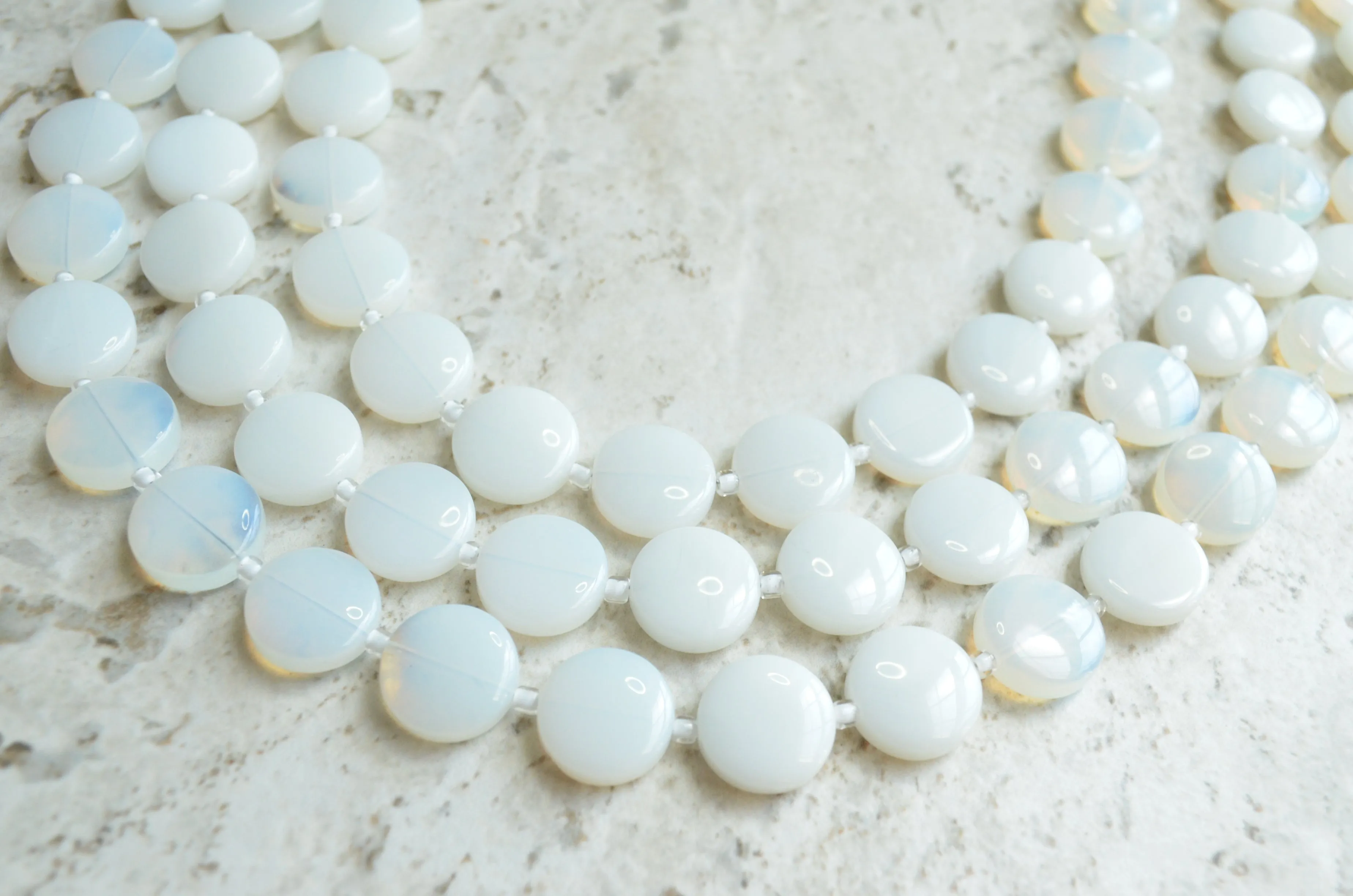 White Sea Opal Glass Beaded Multi Strand Chunky Statement Necklace - Charlotte
