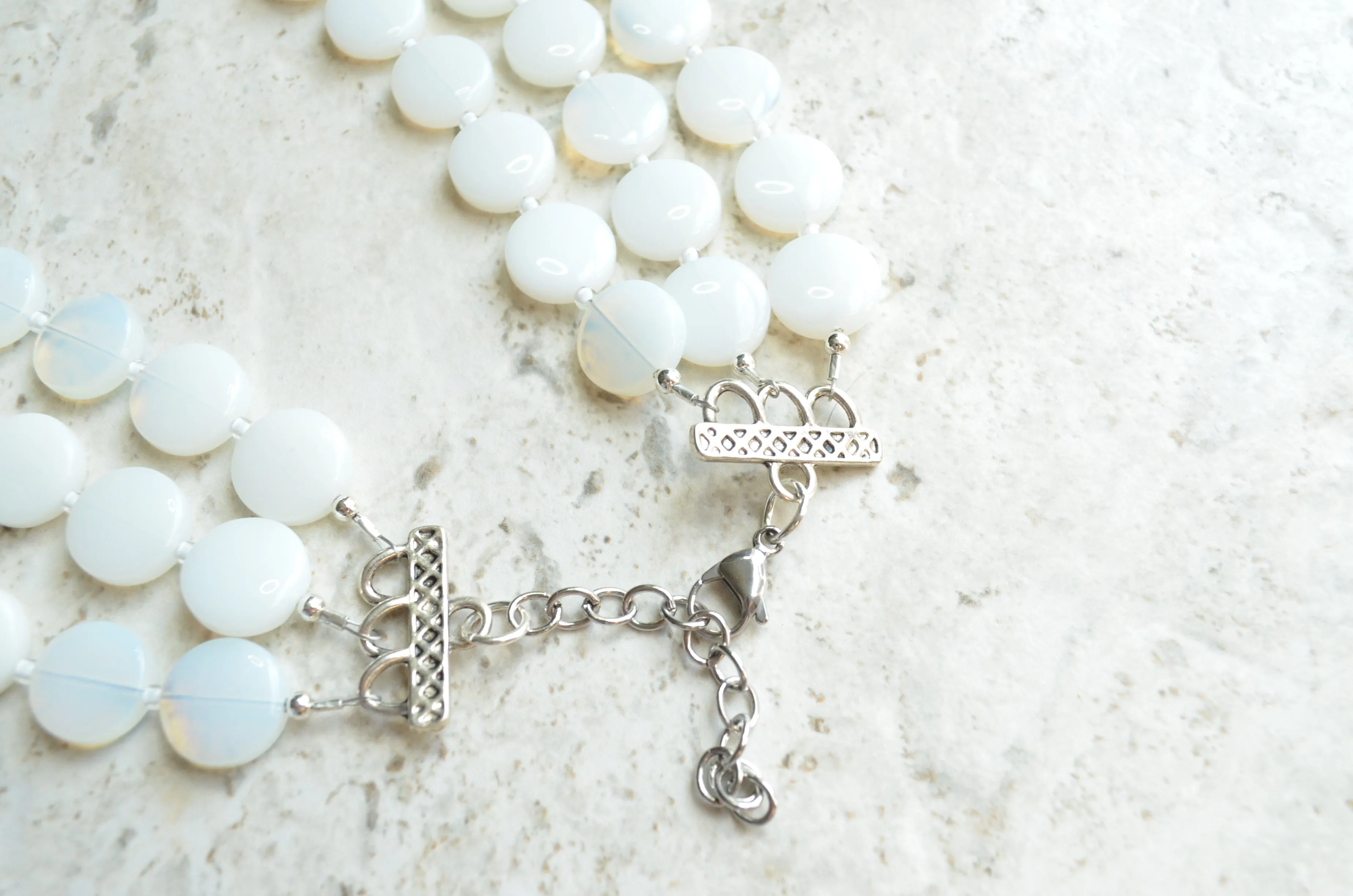 White Sea Opal Glass Beaded Multi Strand Chunky Statement Necklace - Charlotte