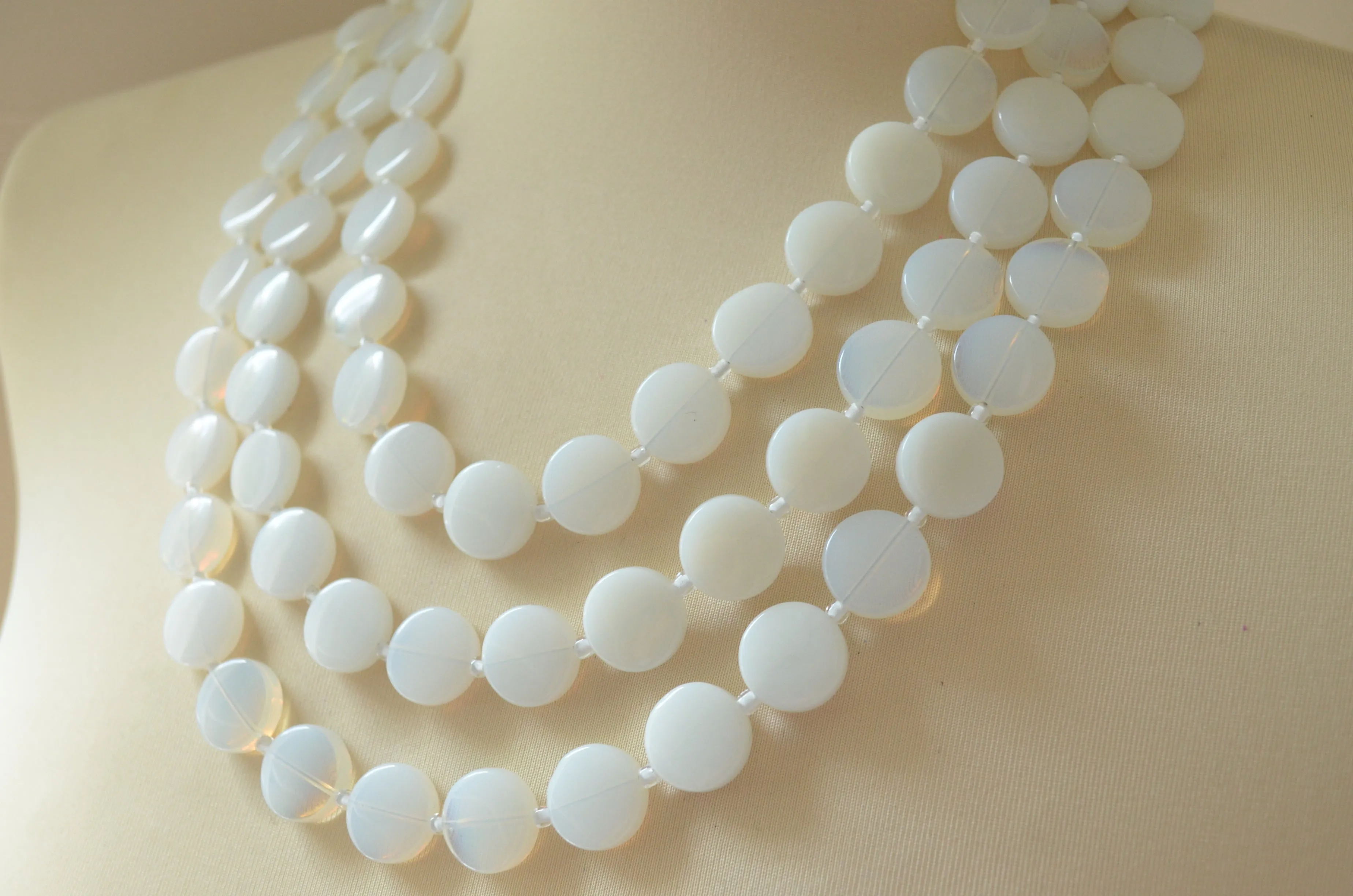 White Sea Opal Glass Beaded Multi Strand Chunky Statement Necklace - Charlotte
