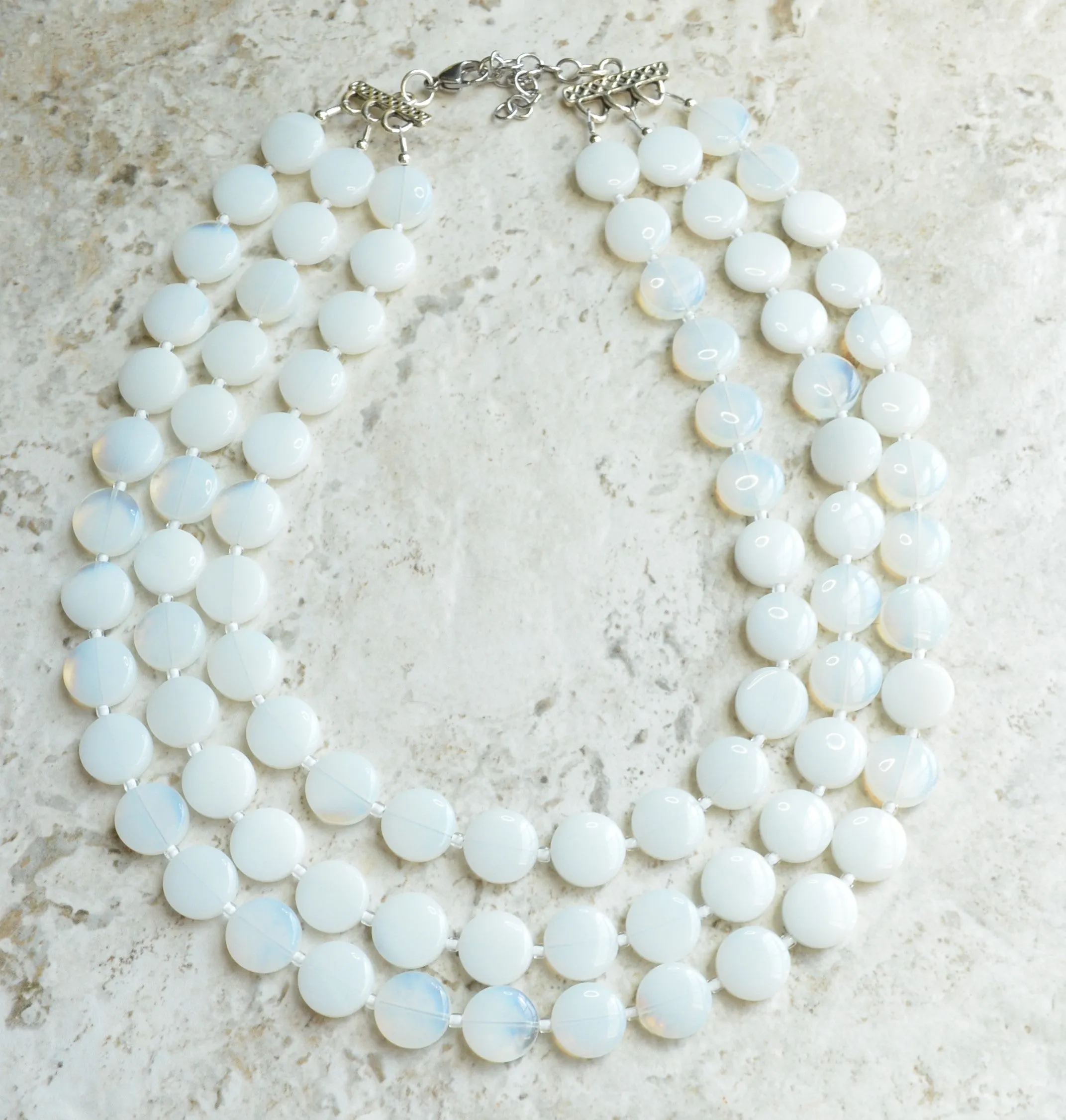 White Sea Opal Glass Beaded Multi Strand Chunky Statement Necklace - Charlotte