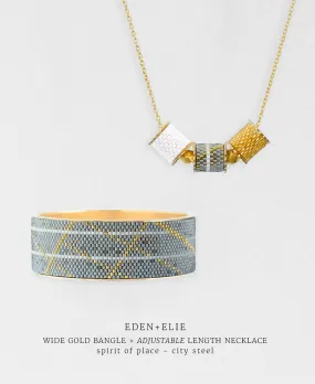 Wide Gold Bangle   Adjustable Length Necklace Set - Spirit of Place City Steel