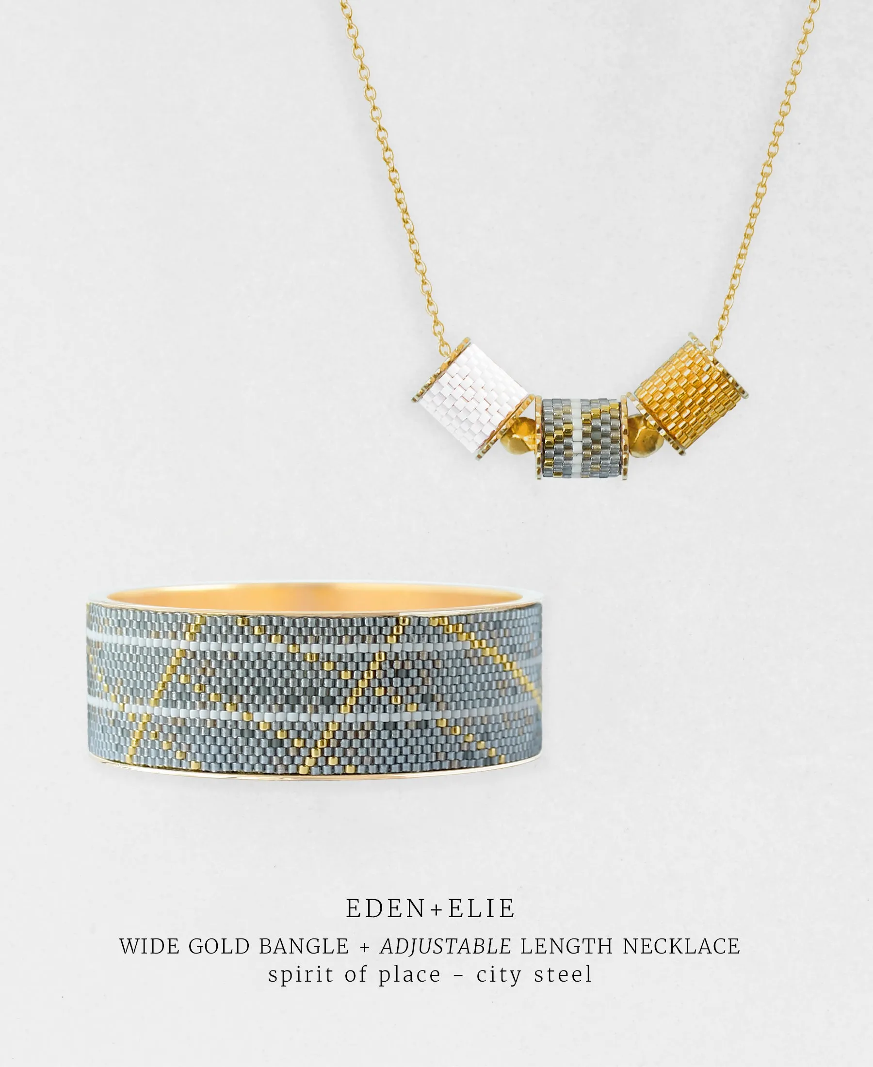 Wide Gold Bangle   Adjustable Length Necklace Set - Spirit of Place City Steel