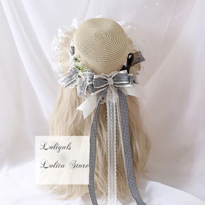 Women's Straw Sunhat Mori Girl Sun Hat with Plaid Bowknot