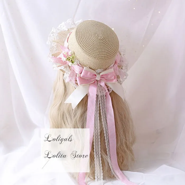 Women's Straw Sunhat Mori Girl Sun Hat with Plaid Bowknot