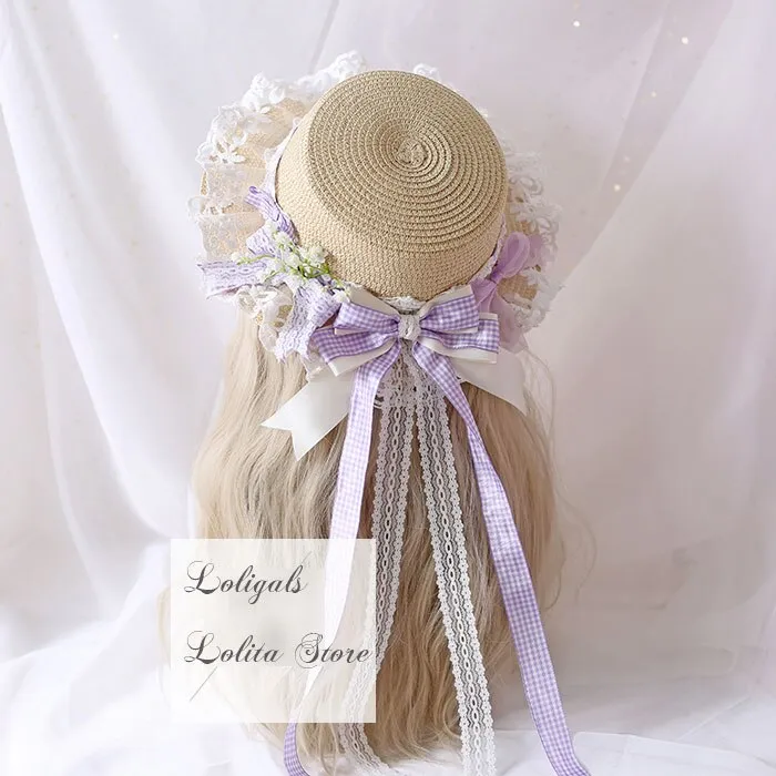 Women's Straw Sunhat Mori Girl Sun Hat with Plaid Bowknot
