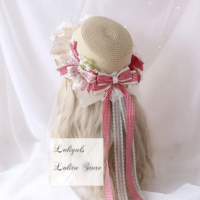 Women's Straw Sunhat Mori Girl Sun Hat with Plaid Bowknot