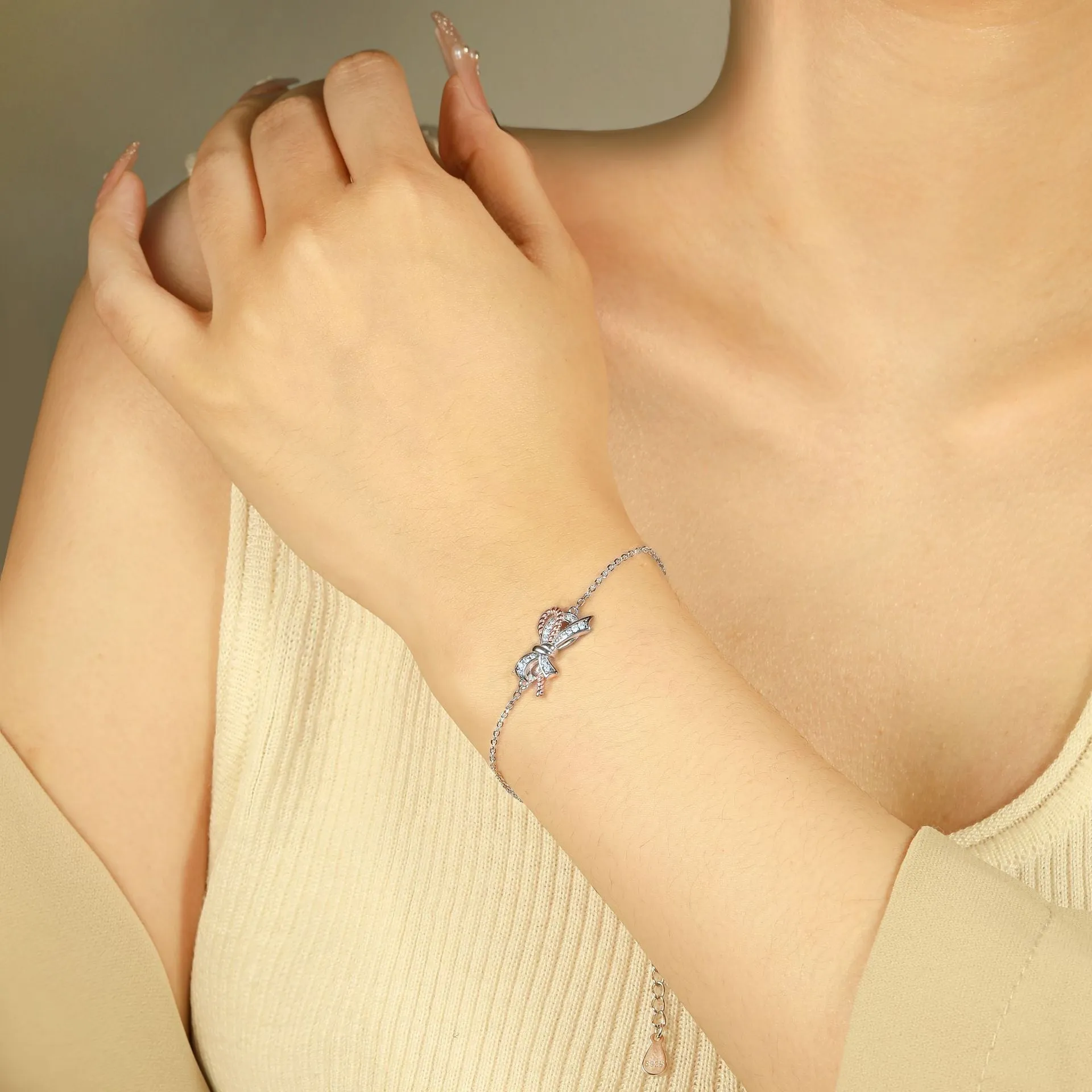 Zircon Bowknot Hemp Rope Sterling Silver Bracelet