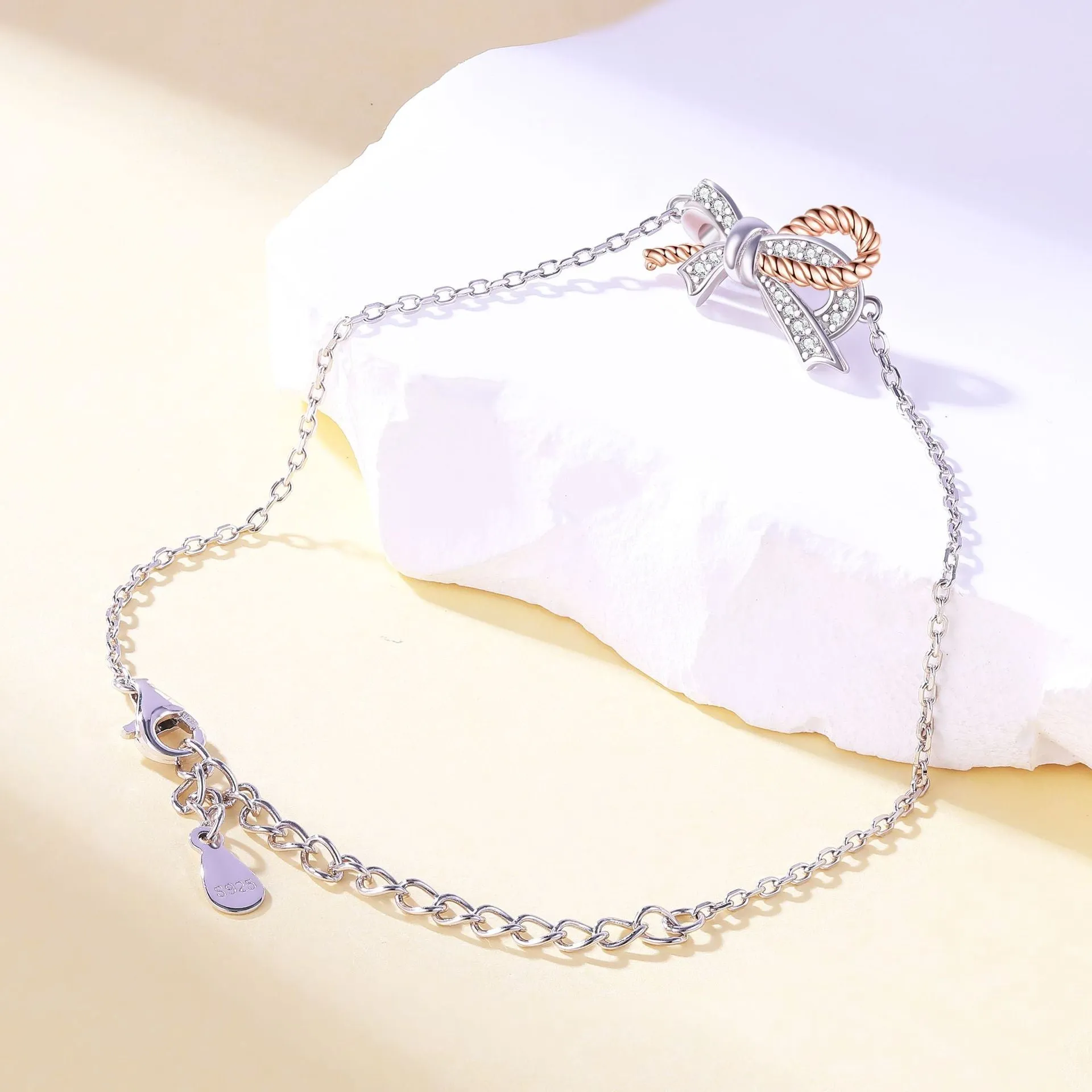 Zircon Bowknot Hemp Rope Sterling Silver Bracelet