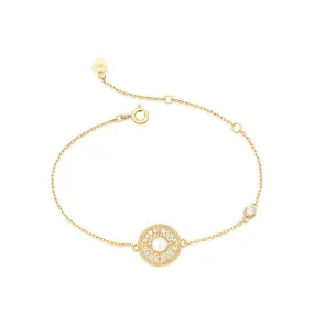 Zircon Disc Round Natural Freshwater Pearl Golden Sterling Silver Bracelet